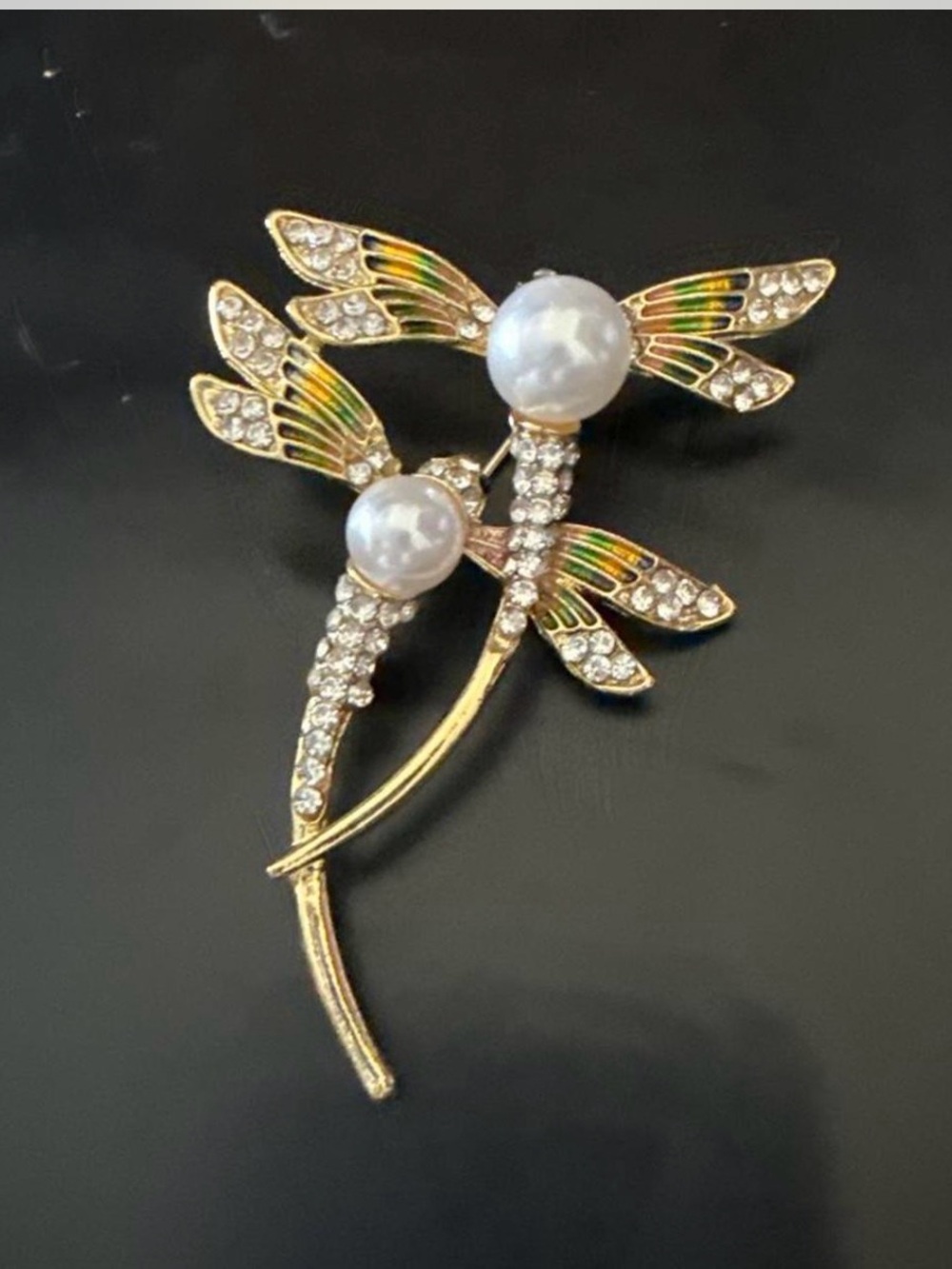 Gold Dragonfly Pearl & Crystal Brooch - Elegant Women Jewelry